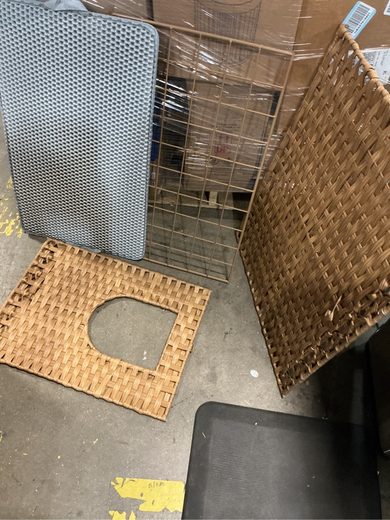 Condition photo showing As Is for cat litter box enclosure furniture, hidden litter box with mat and fence, handwoven rattan cat house with two s-shaped hooks for living room, bedroom, 18.5 x 20.5 x 19.1 inches (natural) natural medium