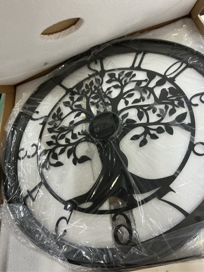 Condition photo showing Good Condition for large wall clock for living room decor 24 inch tree of life metal wall art, non-ticking battery operated metal black with solid wood frame for office/bedroom/kitchen/dining room decoration b 24 inch