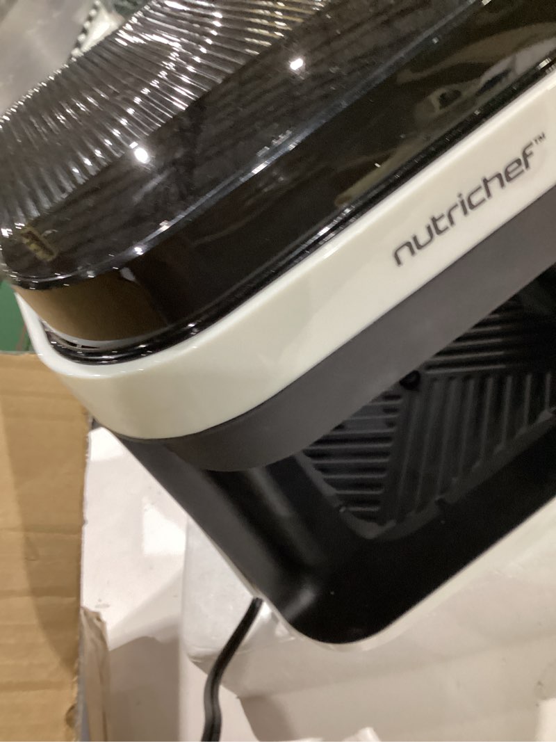 Condition photo showing As Is for nutrichef 5.8 quart air fryer | 8-1 preset cook modes | transparent fry bowl for best cooking results | cook shrimp, steak, fries, wings, chicken & more | precise temperature control & time | white