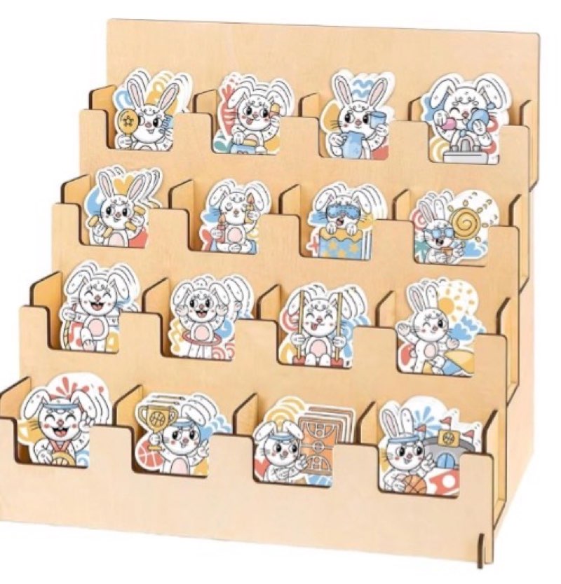 XHWUDI Sticker Display Stand For Vendors - 16 Pockets Portable Sticker Rack Display - 4 Tier Wooden 