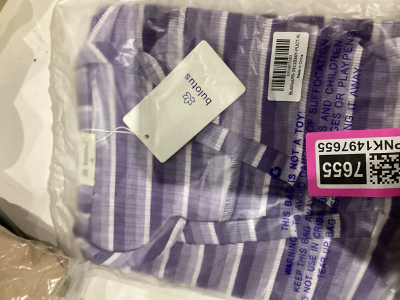 Condition photo showing New/Like New for Bulotus Women Summer Casual Short Sleeve T-shirts V Neck Tops Short Sleeve Loose Fit Tunic Blouses Purple Stripe X-Large
