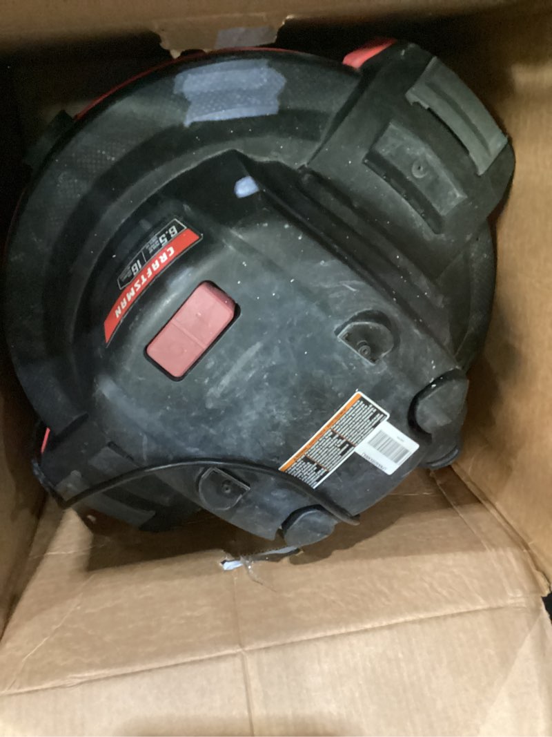Condition photo showing As Is for not tested used missing parts craftsman cmxevbe17595 16 gallon 6.5 peak hp wet dry vac, heavy-duty shop vacuum wet and dry with filter, dust bag, hose and attachments for home projects & renovations 16 gallon 6.5 peak hp w/filter, dust bag, hose