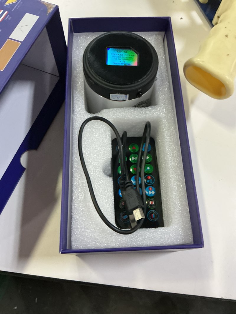 Condition photo showing Good Condition for portable digital quran speaker,bluetooth speaker,with remote control,mp3 player,usb rechargeable,8gb storage,18 reciters,15 translations,arabic,english,french,urdu & more (silver)