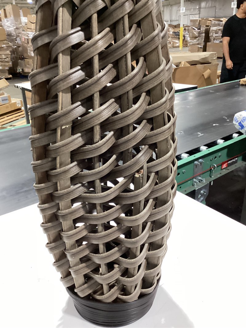 Condition photo showing As Is for deco 79 faux seagrass decorative vase tall woven floor centerpiece vase with dark brown wrapped neck, vase for home decoration 12" x 12" x 48", brown