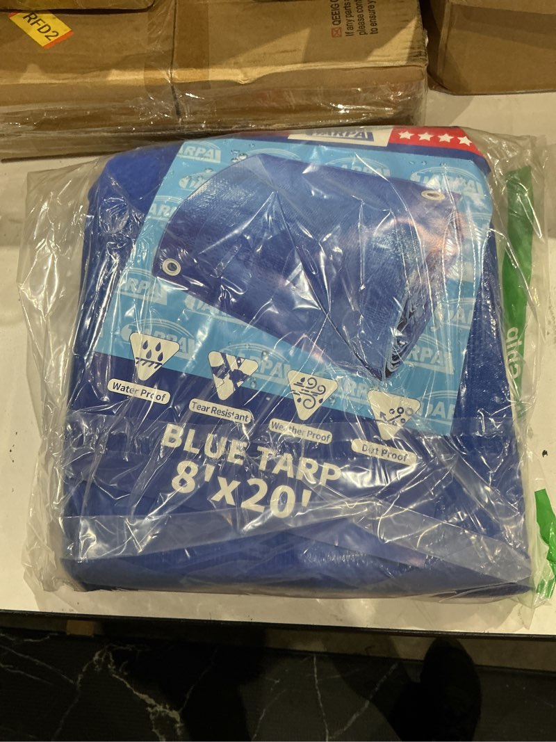 Condition photo showing As Is for tarpal 8x20 feet blue tarp, 8mil medium duty tarps waterproof, tear resistant with metal grommets, s