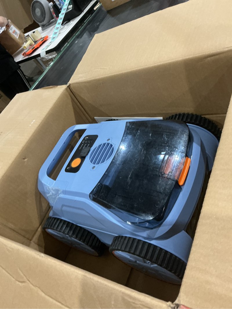 Condition photo showing As Is for robotic pool vacuum, pool cleaner for inground pools, smart navigation, floor/wall/waterline cleaning, 150 mins runtime for pool up to 2000 sq.ft blue