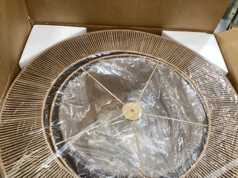 Condition photo showing New/Like New for 30” large hand-woven rattan chandelier vintage 8-light farmhouse boho bamboo chandelier light fixture retro 3-tier drum wicker rattan golden chandeliers for dining room, kitchen, living room gold 30"