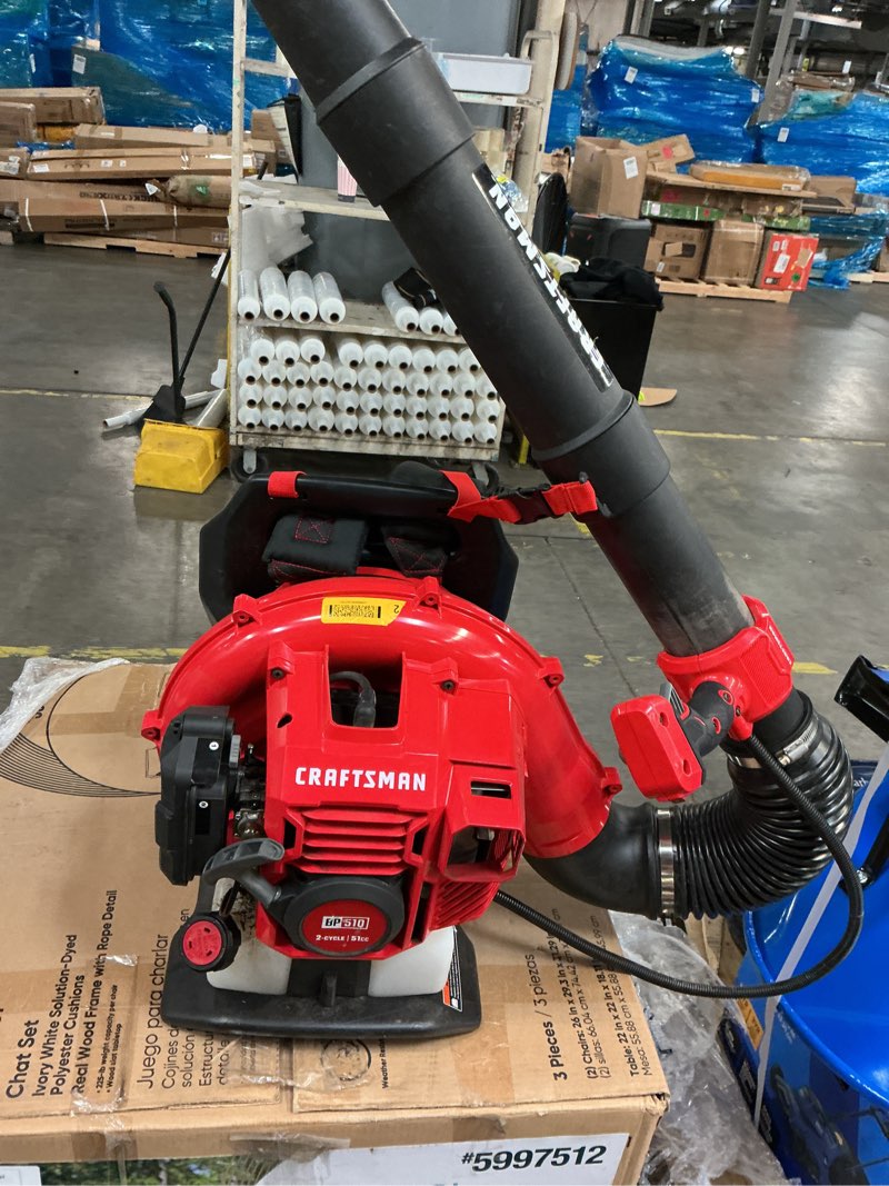 Condition photo showing As Is for craftsman gas powered backpack leaf blower, lightweight backpack blower, 220mph, 51cc, 2-cycle (cmxgaamr51bp)