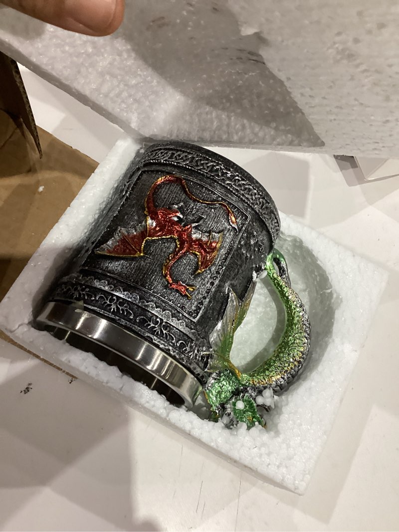 Condition photo showing New/Like New for medieval roaring dragon mug, 15 oz dungeons and dragons beer stein tankard drink cup, stainless coffee mug for got dragon lovers collector ideal novelty gothic gift party decoration