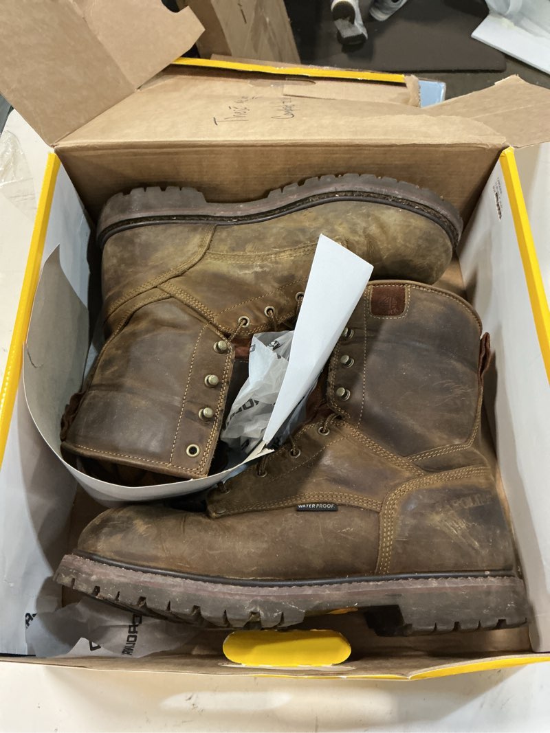 Condition photo showing As Is for (size 13) carolina 28 series 8\" composite toe waterproof work boots for men - waterproof scubaliner boots - eh rated - non-metallic safety toe - removable polyuretane footbed - rubber lug outsole 13 x-wide brown