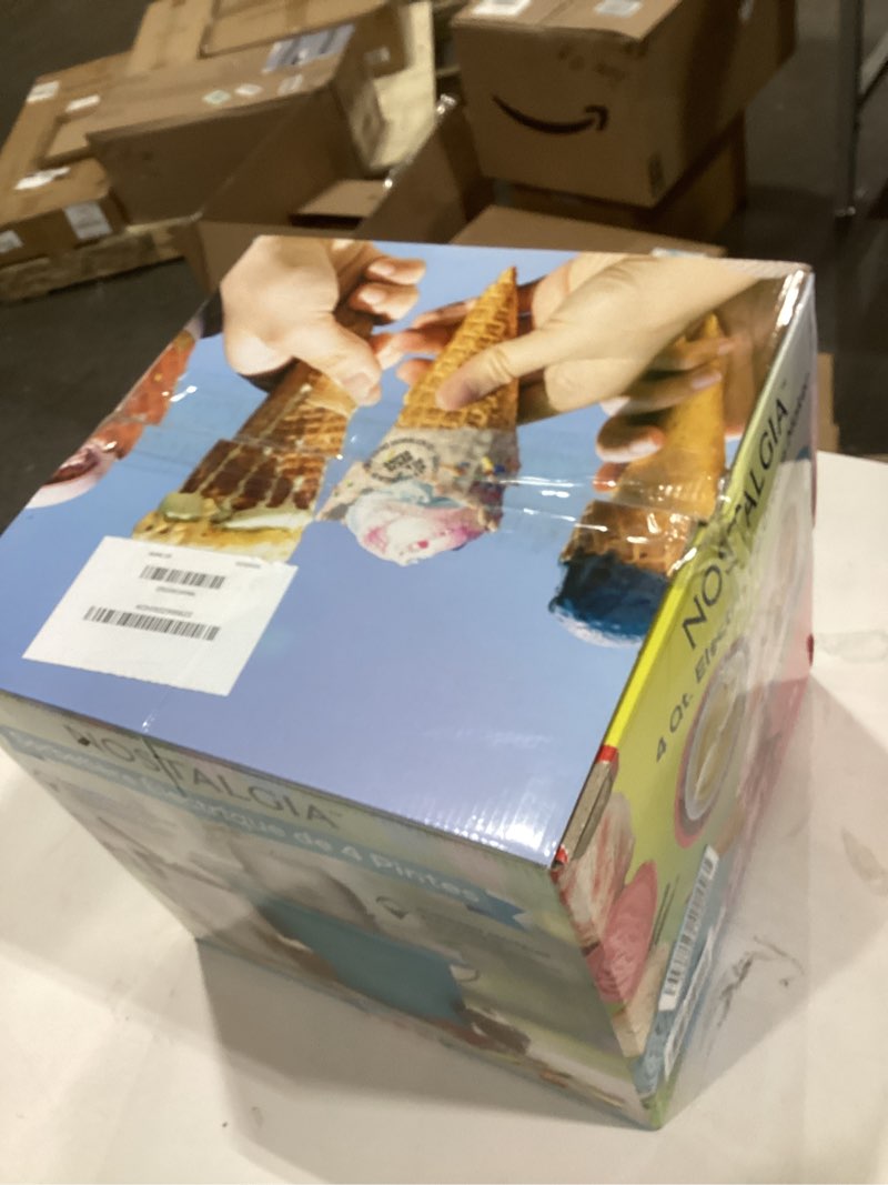 Condition photo showing As Is for Nostalgia Electric Ice Cream Maker - Old Fashioned Soft Serve Ice Cream Machine Makes Frozen Yogurt or Gelato in Minutes - Fun Kitchen Appliance - Blue - 4 Quart 4 Qt Blue