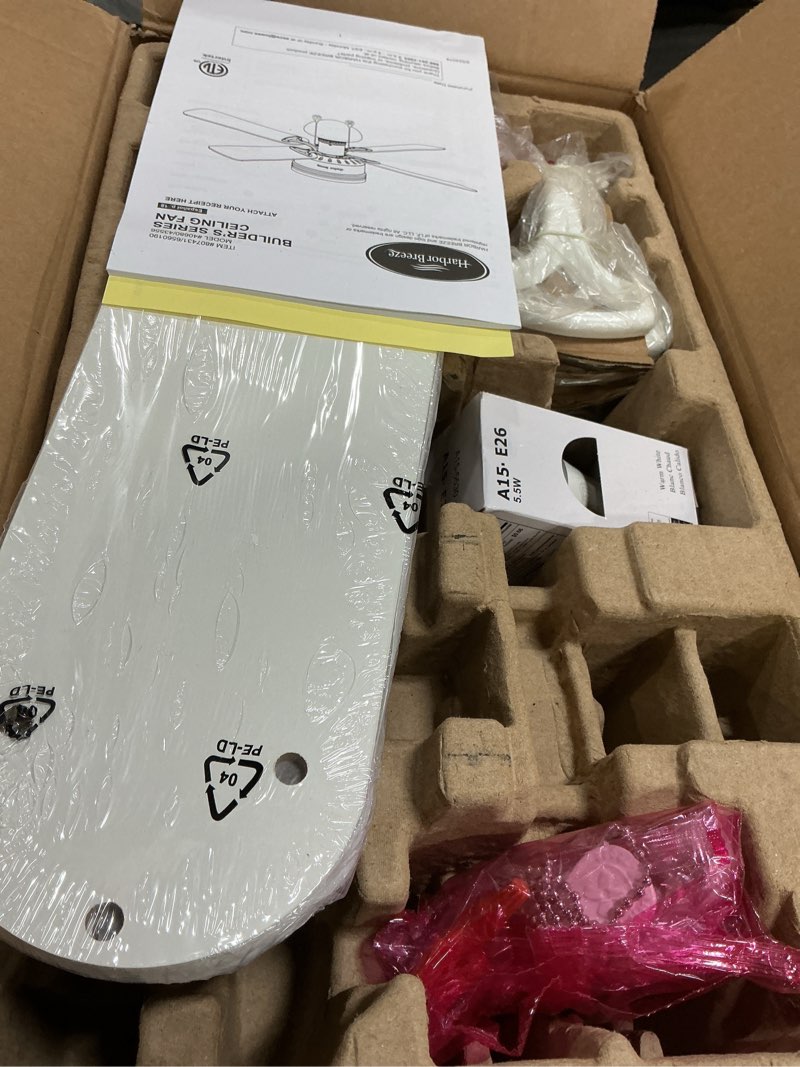 Condition photo showing As Is for Harbor Breeze 42 in WHITE Flush Mount Indoor Ceiling Fan with Light Kit ARMITAGE