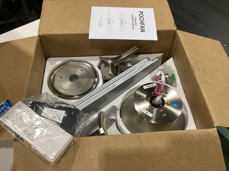 Condition photo showing New/Like New for pochfan 42 inch ceiling fans with lights and remote, brushed nickel flush mount low profile ceiling fan for bedroom, living room, patio, dimmable 6 speeds noiseless reversible, etl listed brushed nickel 42 inch