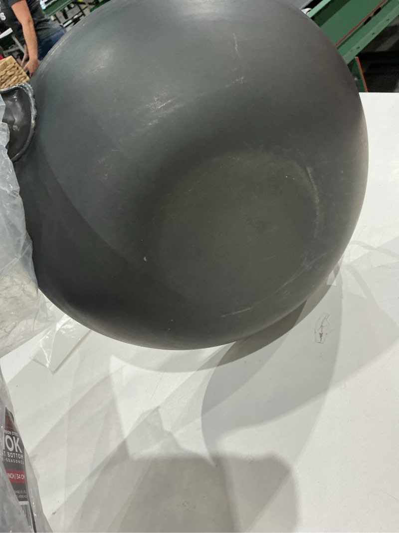 Condition photo showing As Is for yosukata 13.5" carbon steel wok pan – pre-seasoned flat bottom pow wok for stir fry, bbq, grill & camping – traditional japanese chinese cookware – compatible with induction, electric, gas, open fire