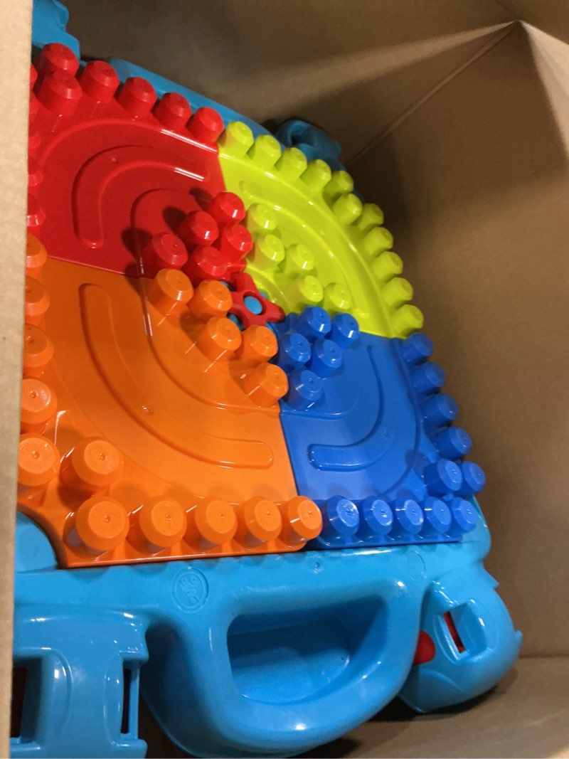 Condition photo showing As Is for mega bloks first builders toddler blocks toy, build ‘n learn portable activity table with 30 pieces and built-in storage, blue, kids ages 1+ years (amazon exclusive)