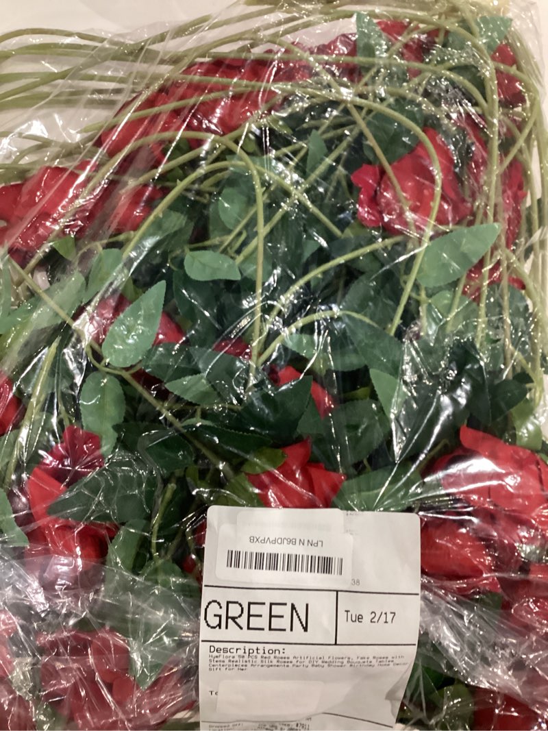 Condition photo showing As Is for HyeFlora 50 PCS Red Roses Artificial Flowers, Fake Roses with Stems Realistic Silk Roses for DIY Wedding Bouquets Tables Centerpieces Arrangements Party Baby Shower Birthday Home Decor Gift for Her