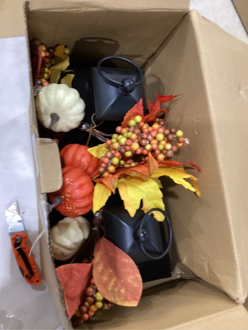Condition photo showing Good Condition for taman fall decorations candle lantern, 14.7" flickering flameless lanterns decorative hanging candle lantern metal vintage for thanksgiving day outdoor patio garden, table,party decor, 2 pack 14.7" battery powered