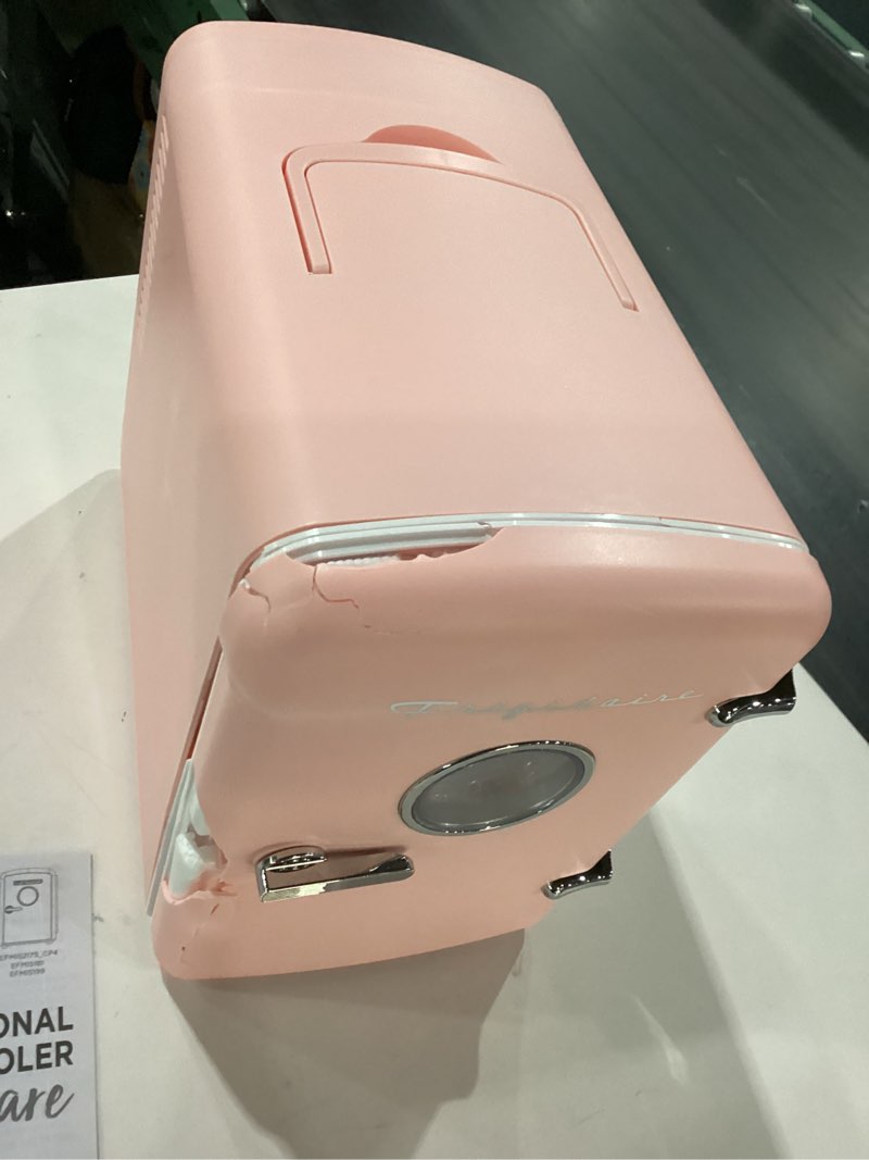 Condition photo showing As Is for Frigidaire Retro 9-Can Mini Personal Fridge Portable Cooler for Car, Office, Bedroom, Dorm Room, or Cabin, 11.8" D x 7.1" W x 10.1" H, PINK