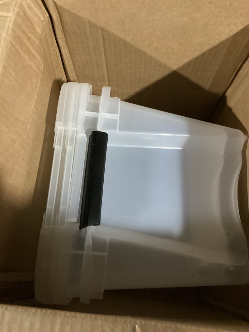 Condition photo showing Good Condition for IRIS USA 19 QT Plastic Storage Box with Lid and Latches - 6 Pack - BPA-Free, See-Through Organizing Solution, Durable Nestable Stackable Containers, Secure Pull Handle - Clear Clear 19 Qt 6 Pack