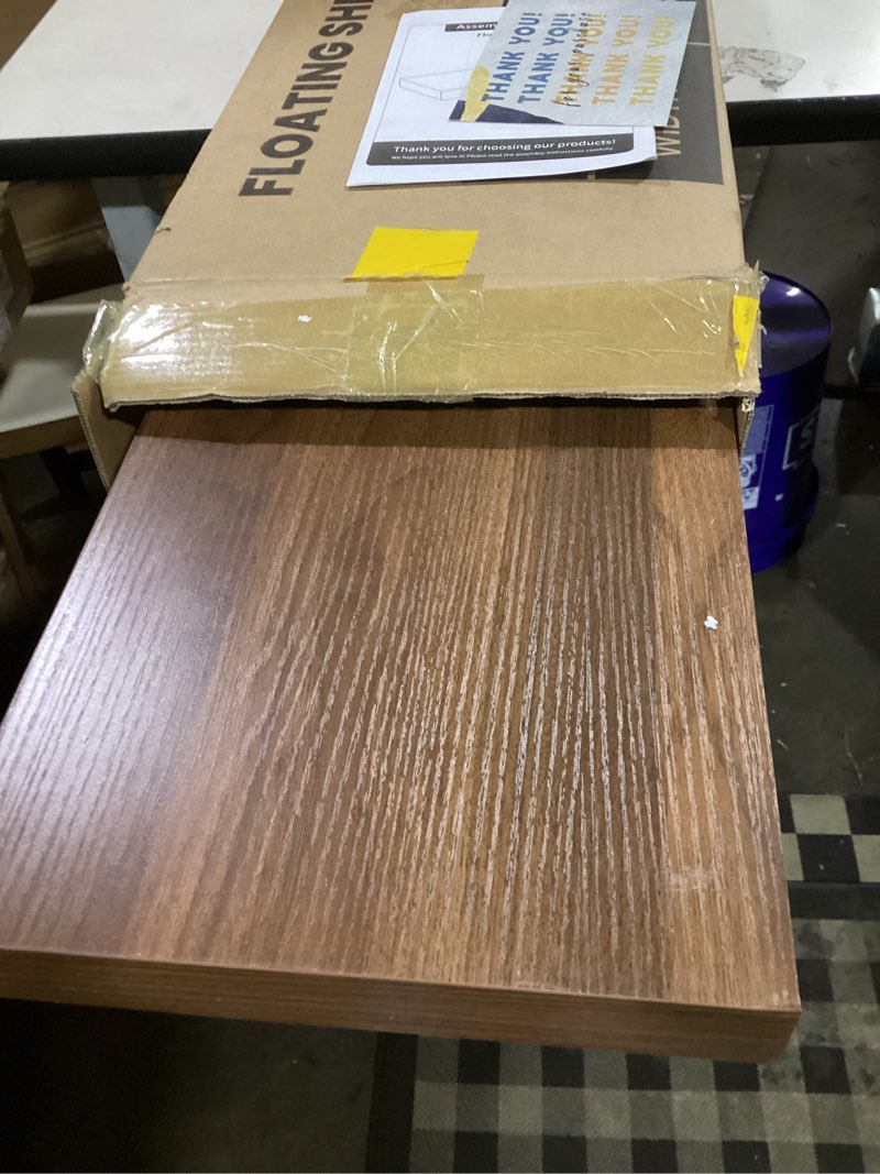Condition photo showing As Is for (similar to )richfocus 24inch floating shelves for wall 2 pack shelves for bedroom|kitchen|bathroom wall mounted rustic wood floating shelf with invisible brackets for books|storage|decor, walnut walnut 24 inch, set of 2
