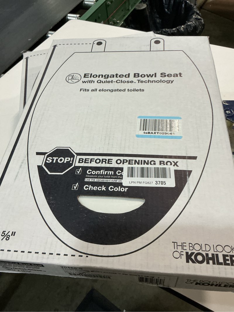 Condition photo showing New/Like New for kohler stonewood quiet-close elongated toilet seat, slow close design, durable wood, easy installation, universal fit, white finish, k-20466-0