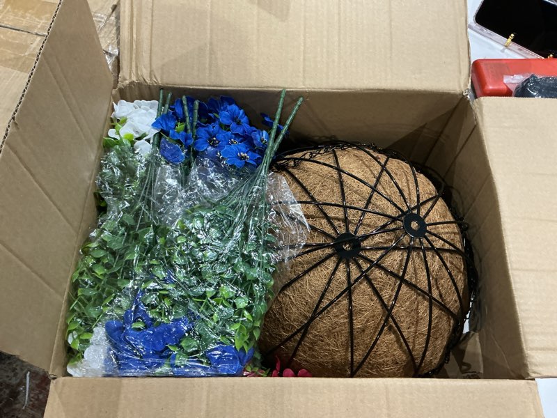 Condition photo showing Good Condition for hananona 2 set artificial outdoor flowers with hanging basket, 2 hanging planters with 24 pcs patriotic flowers for summer front porch patio 4th ofjuly decor (2, red, white, blue) red, white, blue 2