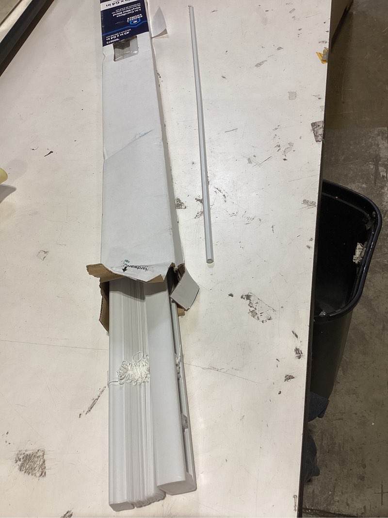 Condition photo showing As Is for project source light filtering 1-in slat width 45-in x 64-in cordless white vinyl light filtering mini-blinds