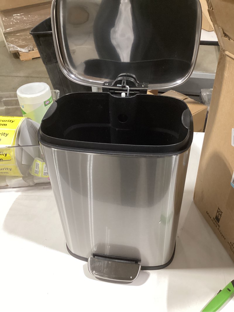 Condition photo showing As Is for Amazon Basics Smudge Resistant Small Rectangular Step Pedal Trash Can with Soft-Close Lid, Removable Inner Bucket, Brushed Stainless Steel, 12 Liter/3.1 Gallon, Satin Nickel Finish Satin Nickel Small, 12L/3.2 Gal