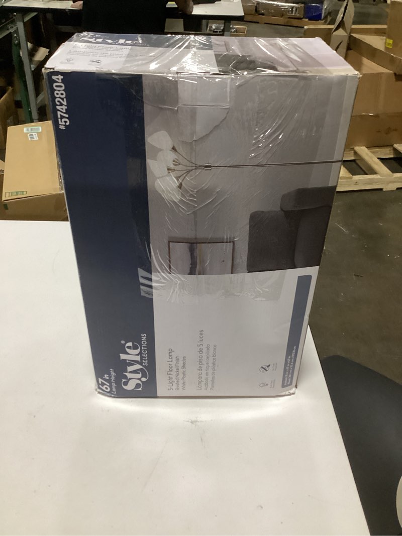 Condition photo showing As Is for Style Selections 67-in Brushed Steel Multi-head Floor Lamp with Plastic Shade