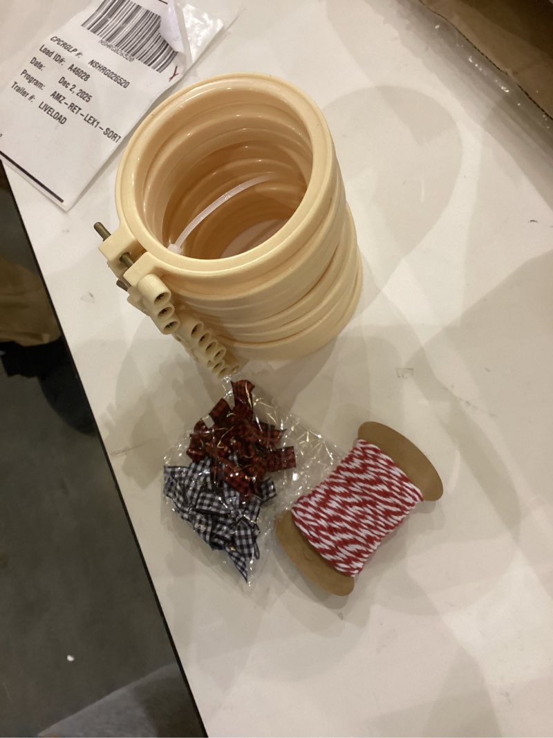 Condition photo showing As Is for Beeveer 25 Pieces Christmas Embroidery Kits Includes Mini Embroidery Hoops Plastic Circle, Bows, Cotton Rope Cross Stitch Hoop Ring for Art Craft Handy Sewing DIY Xmas Tree Decoration(3 Inch)