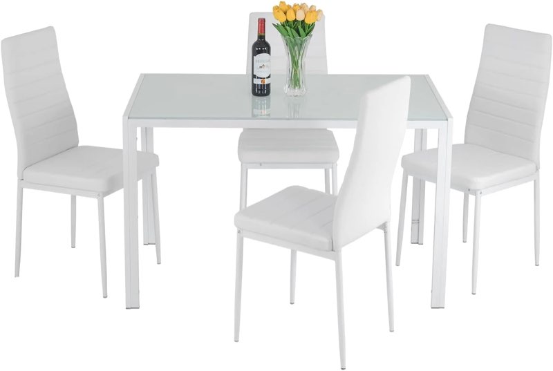 FDW 5 Piece Contemporary Glass Dining Table Set, White