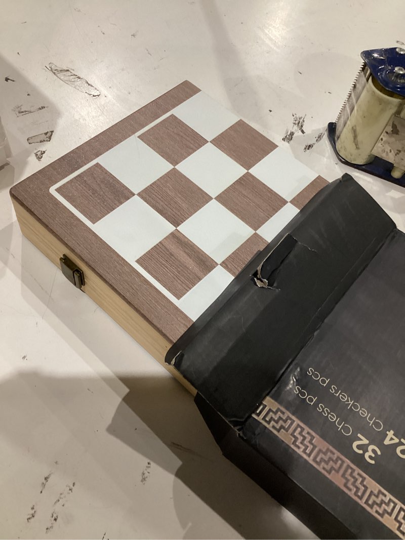 Condition photo showing As Is for wooden magnetic chess set & checkers board game, 15” foldable chess board | solid wood 2-in-1 board game for adults with storage box, 2 extra queens, portable travel chess set for kids & beginners large (15" x 15")