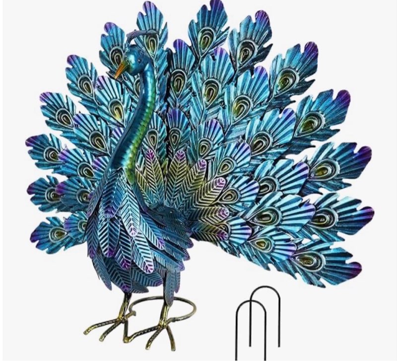 yeahome garden decor outdoor statues, 22.4" large metal peacock standing yard art, blue green bird l