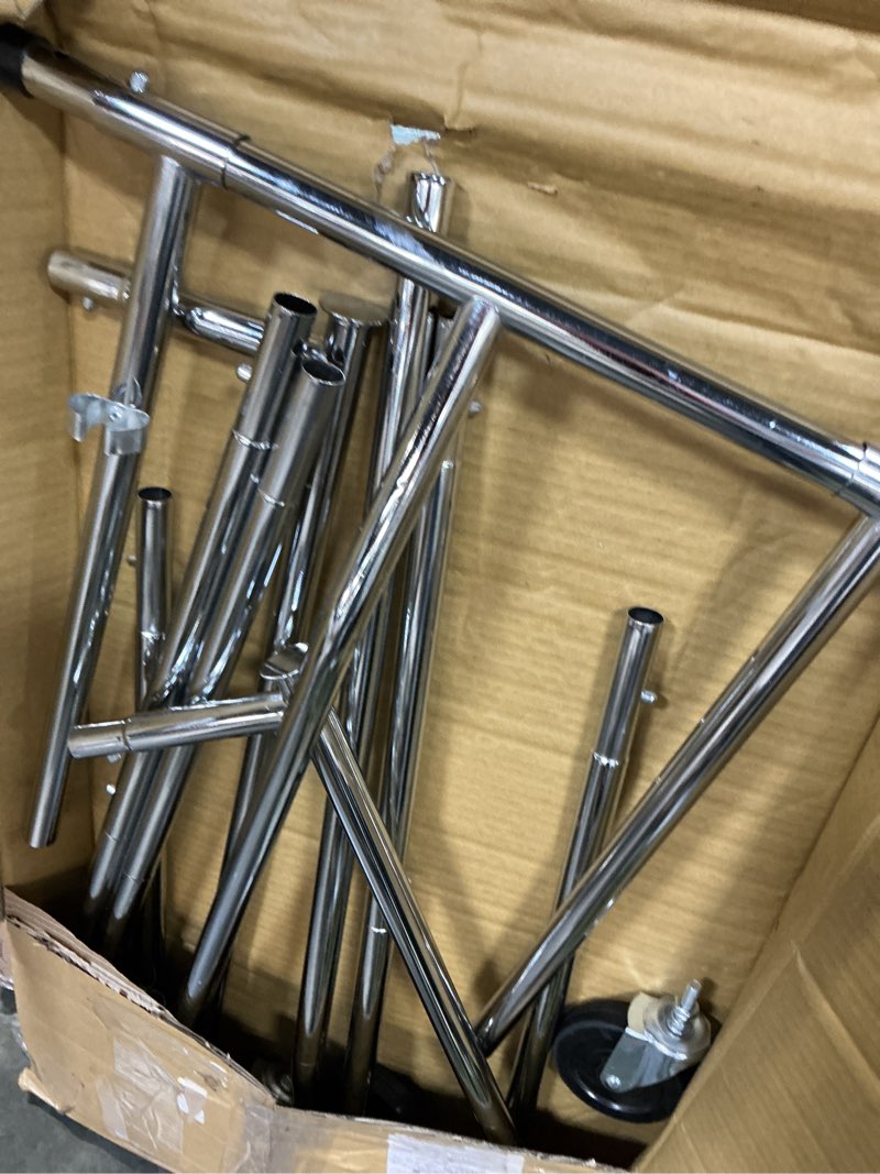 Condition photo showing As Is for clothes rack 35.83”x17.7”x73.2” heavy duty clothes rack, rolling garment rack with lockable wheels, standing metal clothing rack with shelves, portable wardrobe sturdy coat rack for hanging clothes (silver)