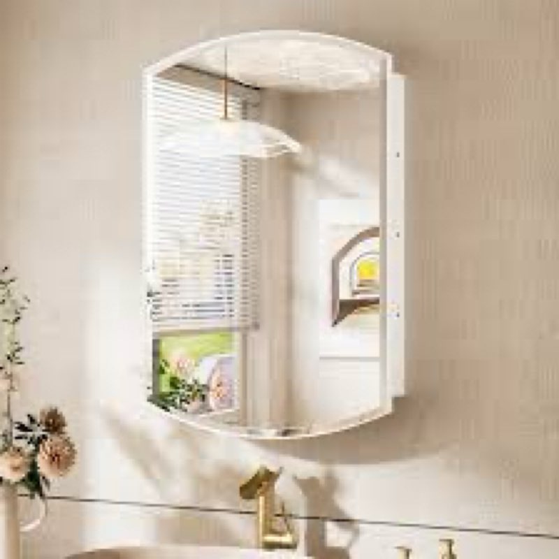 Keonjinn White Medicine Cabinet with Mirror 20” x 30”, Metal Framed Wall Cabinet with Beveled Mirror