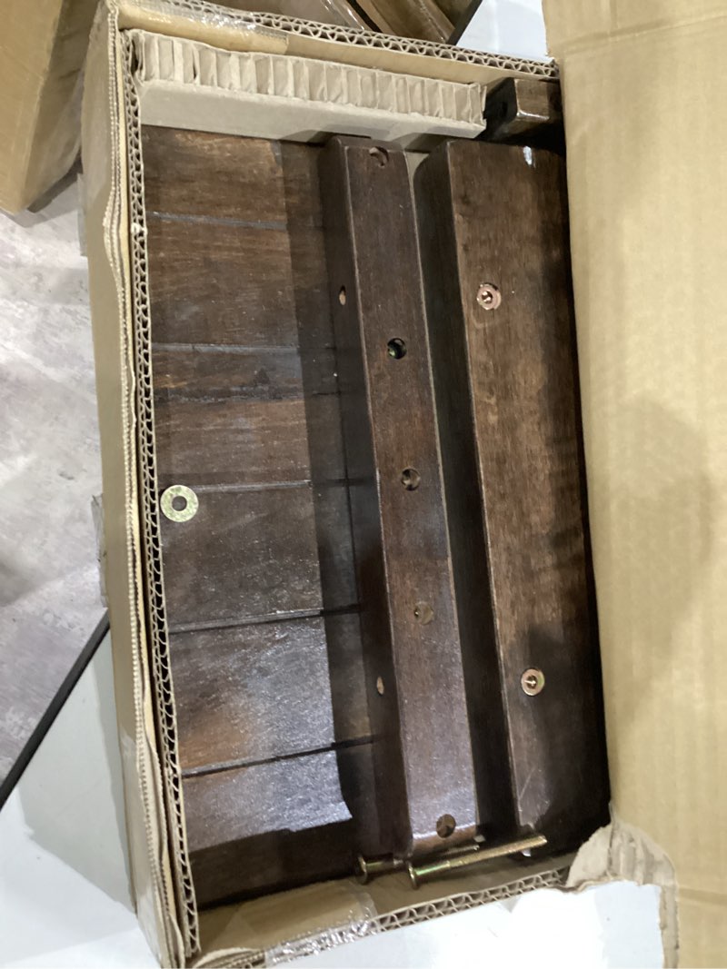 Condition photo showing Good Condition for backyard discovery 46" meranti wood farmhouse bench with walnut stain, designed for indoor and outdoor use, entryway, living room, garden, patio, porch, deck