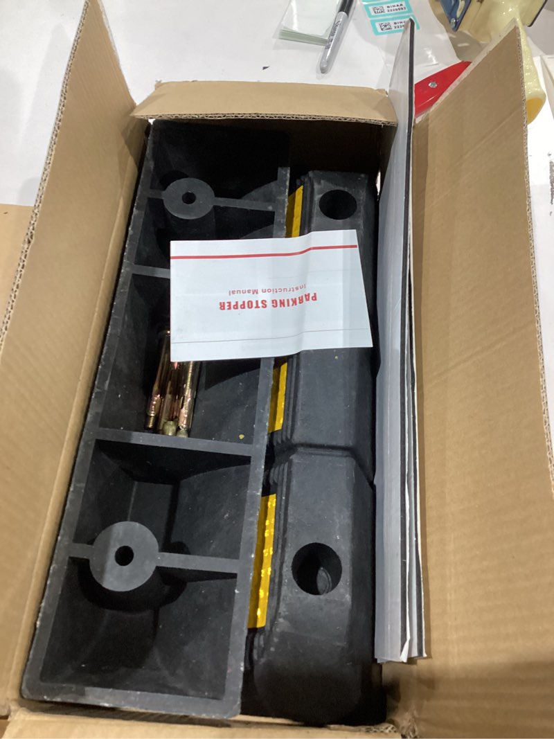 Condition photo showing As Is for Parking Stopper for Garage Floor, Heavy Duty Rubber Car Wheel Curb Stoppers Bumpers Block for Your Vehicle, Parking Aid Gadgets Tire Stops for Home Garage Wall, Parking Lot & Driveway 2 Pcs 3.5''Height2Pcs