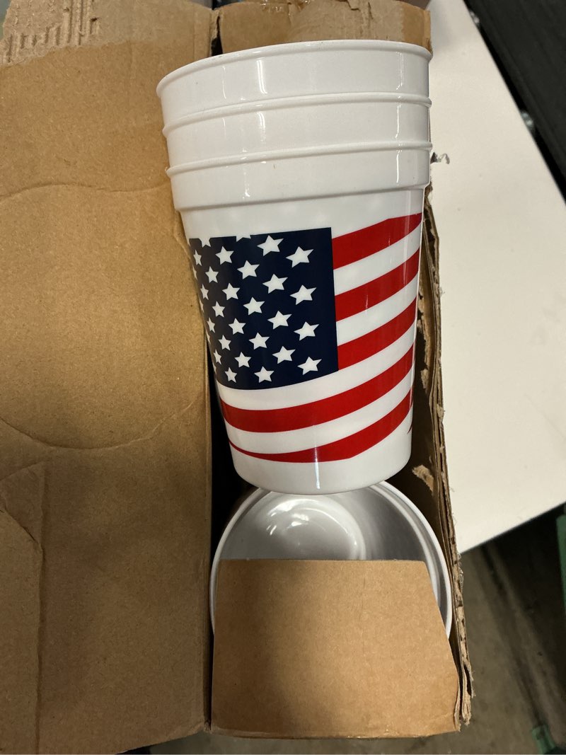 Condition photo showing Good Condition for sabary 64 pieces patriotic plastic cups american flag party cup for 4th of july white red and blue mugs 16 oz star tumbler for independence day supplies 250 anniversary decoration gift(star)