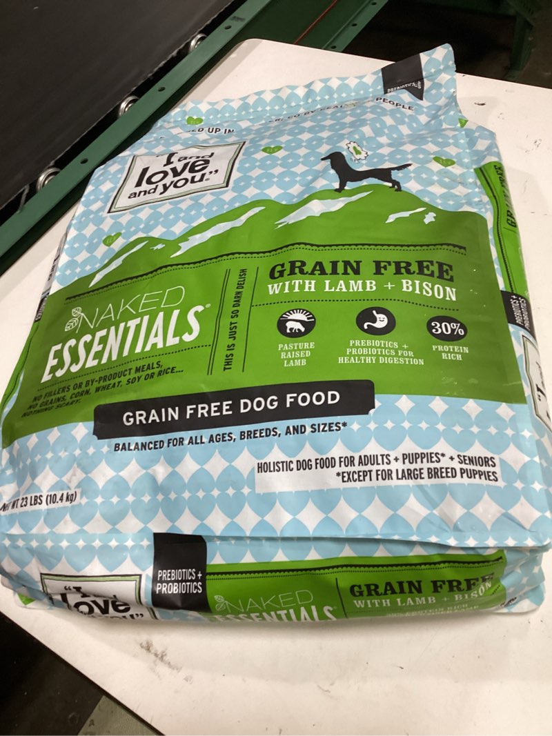 Condition photo showing New/Like New for (bbd:05/20/2026) i and love and you naked essentials dry dog food - lamb + bison - high protein, real meat, no fillers, prebiotics + probiotics, 23lb bag lamb + bison 23 pound (pack of 1)