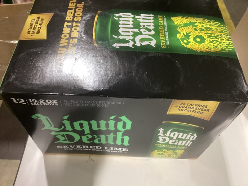 Condition photo showing New/Like New for Liquid Death, Severed Lime, Soda-Flavored Sparkling Water, 12-Pack (19.2oz Cans), Low Sugar, Huge Flavor & No Artificial Sweeteners Severed Lime 19.2 Fl Oz (Pack of 12)