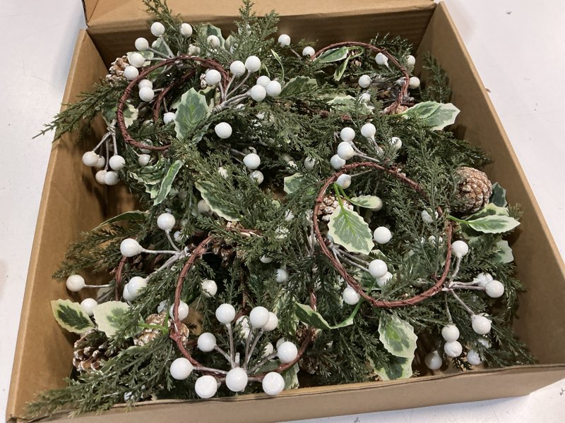Condition photo showing New/Like New for 12 pack christmas greenery candle rings, christmas candle rings wreaths with white berries and pine 
