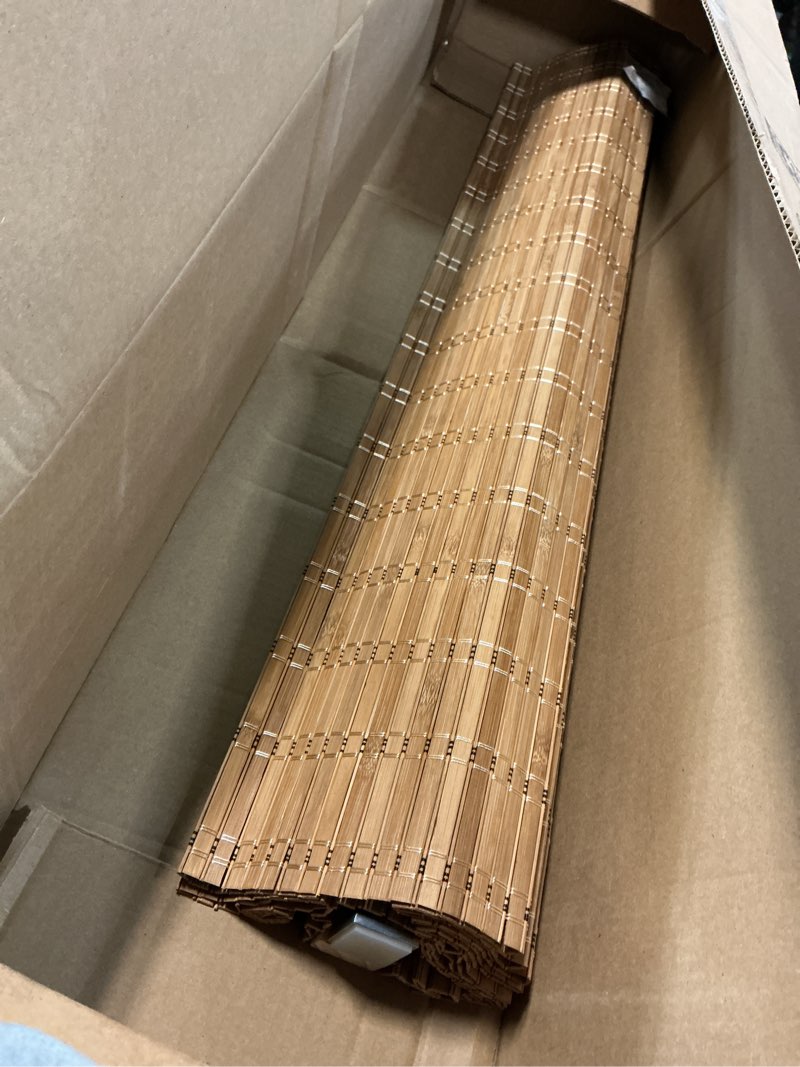 Condition photo showing As Is for LazBlinds No Tools No Drill Cordless Bamboo Roman Shades, Light Filtering Window Treatment, Roll Up Bamboo Blinds for Window 34'' W x 64'' H, Brown Brown206 34'' W x 64'' H