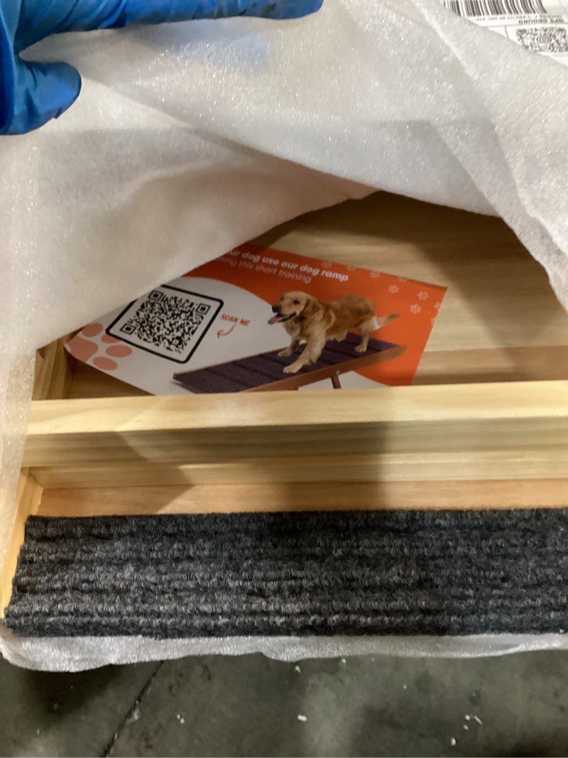 Condition photo showing New/Like New for PATHOSIO PETS Adjustable Dog Ramp for Bed - Foldable Wooden Ramp for Dogs to Get on Bed, Couch, or Car with 13.4" Wide Walking Space (Natural Wood with Gray Carpet, Medium) Natural Wood Medium