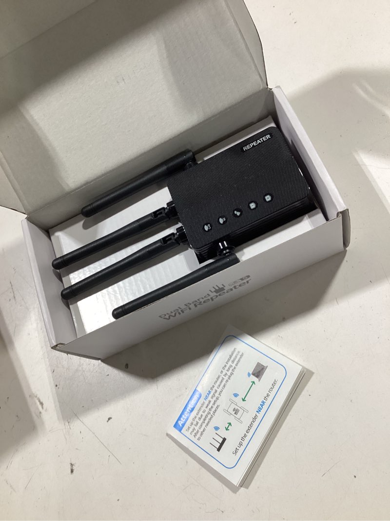 Condition photo showing New/Like New for 1200mbps dual band 5ghz/2.4ghz wifi extender, wifi extender signal booster, 12880 sq.ft coverage, 105-device support, setup for home & outdoor use