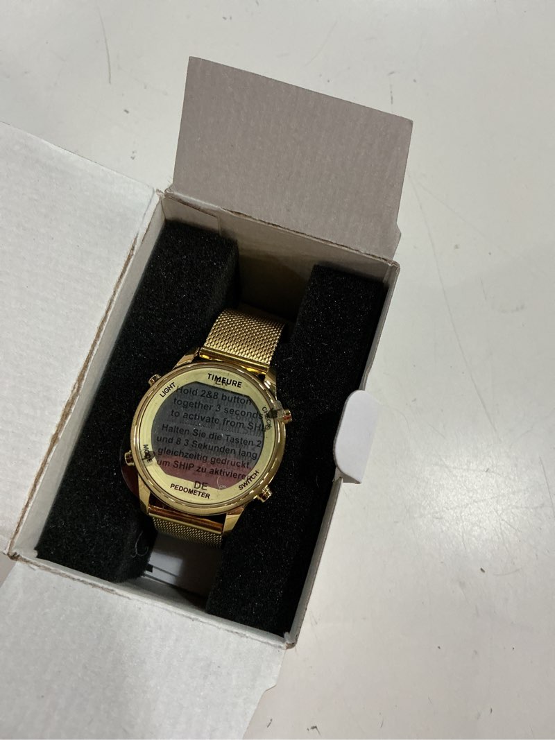 Condition photo showing New/Like New for women's step counter pedometer watch with stainless steel bracelet, stylish design, no app, no charging needed for step, calorie, distance, alarm, countdown timer?tu-2401 non-crystal gold