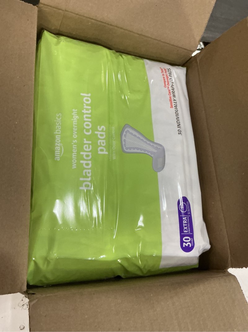 Condition photo showing New/Like New for amazon basics incontinence pads for women, postpartum pads, bladder control, overnight absorbency, fresh protection, unscented, 30 count pack of 2 30.0(60 counts)