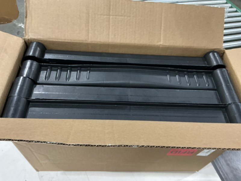 Condition photo showing New/Like New for plano 4-shelf plastic storage shelves, 48” x 23” x 14”, 200lb capacity, pantry, office, closet and garage shelves, easy to assemble, durable plastic shelving unit
