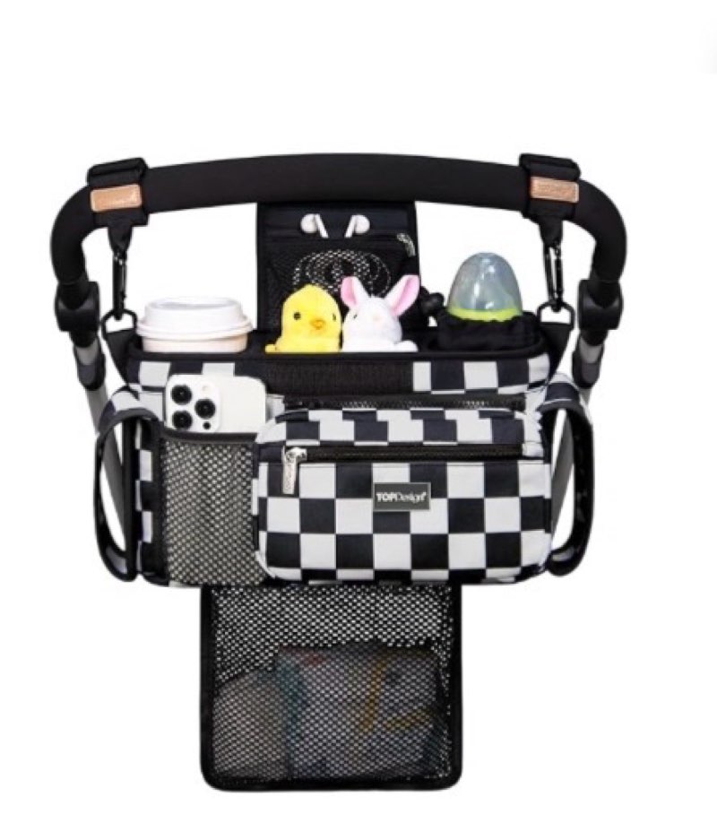TOPDesign Universal Baby Stroller Organizer, Stroller Caddy with Detachable Mesh Bag & Heightened Insulated Cup Holders & Non-Slip Secure Hooks Accessories, Fits Most Strollers (Checkerboard)