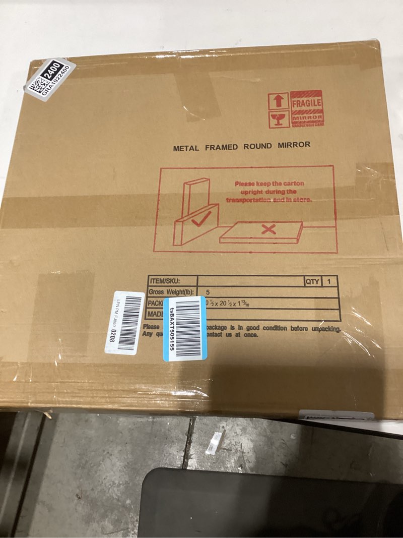 Condition photo showing As Is for 18 inch Round Mirror, Round Wall Mirror, Metal Frame Black Circle Mirror, Black Round Mirrors for Wall, Bathroom, Bedroom, Vanity, Hallway. Black 18"L x 18"W