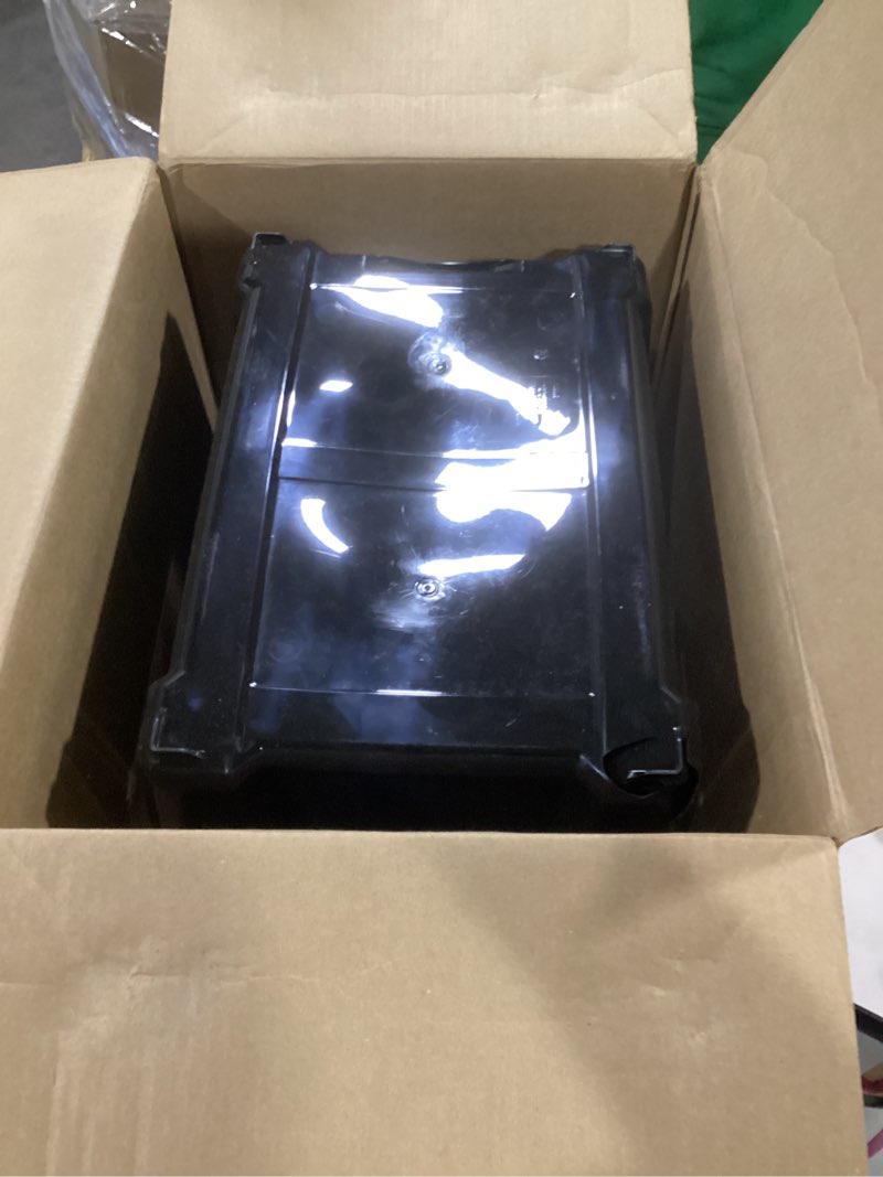 Condition photo showing As Is for IRIS USA 54 QT Plastic Storage Box with Lid and Latches - 6 Pack - BPA-Free, Garage Organizing Solution, Durable Nestable Stackable Containers, Secure Pull Handle - Black Black 54 Qt 6 Pack